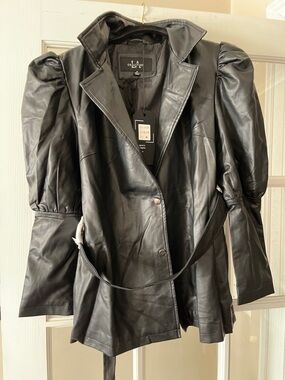 NWT VEGAN LEATHER longer jacket with self-tie belt in M